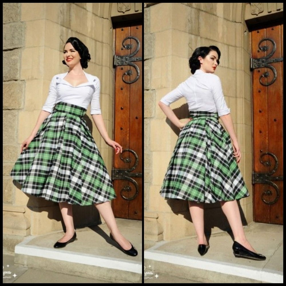 Pinup Couture Green Pleated A-Line Midi Skirt